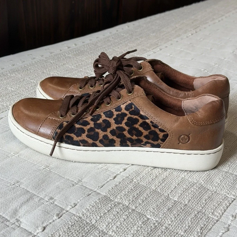 Born Sneaker Shoes Womens 7 Brown Black Leopard Print Leather Velvet Round Toe - Picture 4 of 8